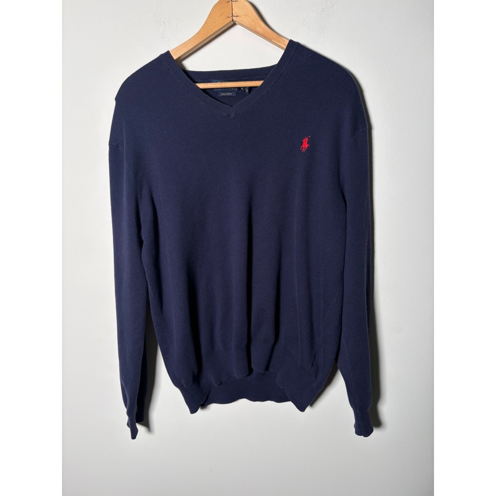 Polo Ralph Lauren Mens Pima Cotton V-Neck Sweater Navy Blue XL Red Pony Logo